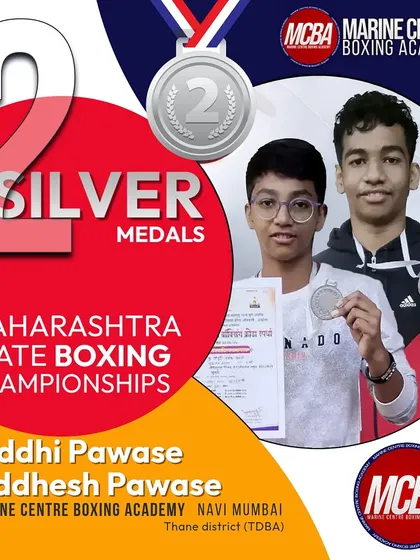 A graphic celebrating the two silver medals won by Riddhi and Siddhesh Pawase at the DSO Maharashtra State Boxing Championships.