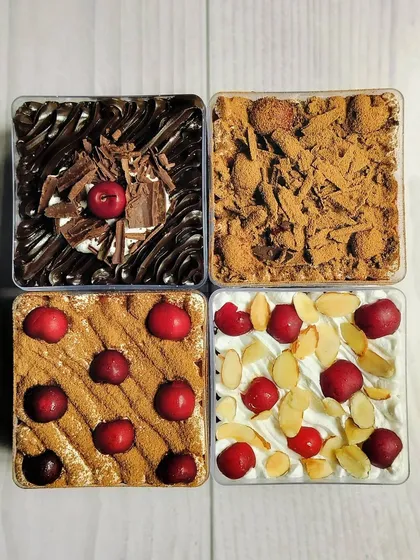 I'm currently obsessed with all things cherry. Here is my new collection of Cherry Dessert Tubs, featuring four unique creations: Chocolate Cherry Cheesecake, Black Forest Tres Leches, Cherry Almond Tiramisu, and Cherry Almond Tres Leches.