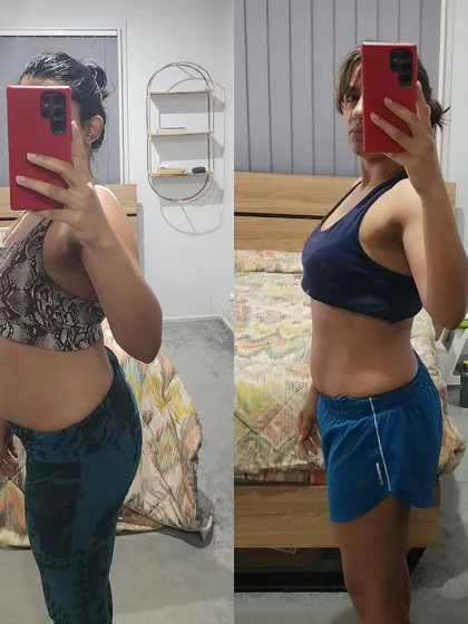 Here's a side view of Shreya's progress, showing a significant reduction in body fat and improved posture. Her goal was to build upper body and core strength for trapeze, and we did it by focusing on progressive overload with weights at home.