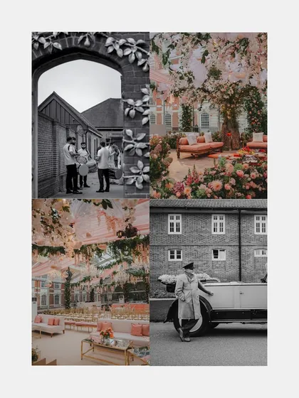A collage showing the blend of Indian and British elements, from dhol players to a vintage English car. This highlights our expertise in cross-cultural wedding planning.