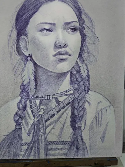 The nearly complete ballpoint pen portrait on the easel, showcasing the rich tones and textures achieved with simple cross-hatching.