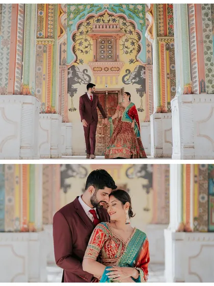 A beautiful collage of Navi and Diljot at Patrika Gate, with their rich outfits complementing the vibrant painted archways.