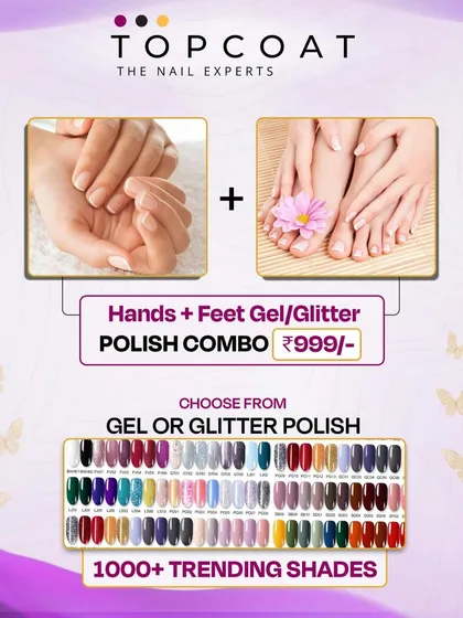 This is one of our most loved deals. You get a gel or glitter polish for both your hands and feet for just ₹999. I make sure we have over 1000 trending shades, so you can find the exact color that matches your mood, from classic nudes to bold, sparkling glitters.