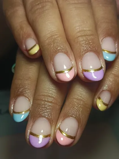 I am obsessed with this creative take on the French manicure. This look features soft pastel tips in pink, lilac, yellow, and blue on natural nails, accented with a clean gold stripe for a chic finish. A strengthening gel overlay ensures the design lasts and helps your nails grow strong.