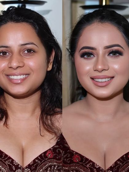 I can't get over this stunning reception look. The before-and-after shows a complete transformation into a glamorous and confident bride.