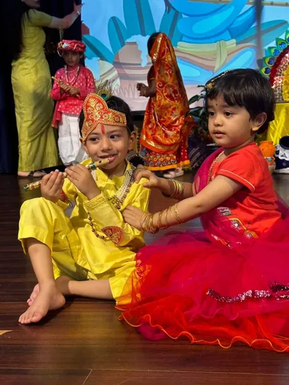 We celebrate our rich cultural heritage with joy and enthusiasm. Here, our youngest students, dressed as Radha and Krishna for Janmashtami, embody the innocence and charm of the festival, creating beautiful memories while connecting with Indian traditions.
