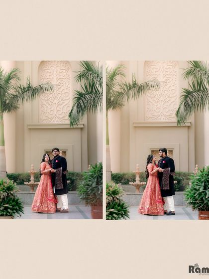 This diptych shows the couple in a beautiful courtyard with palm trees. It captures both a formal pose and a more candid interaction, showcasing their chemistry in a lovely outdoor setting.