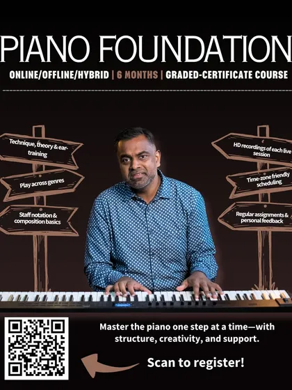 Here are the core components of our Piano Foundation course at a glance. This 6-month graded certificate program is designed to give you a solid base, covering everything from technique and theory to playing across genres and composition basics. We provide structure, support, and personal feedback to guide your journey.