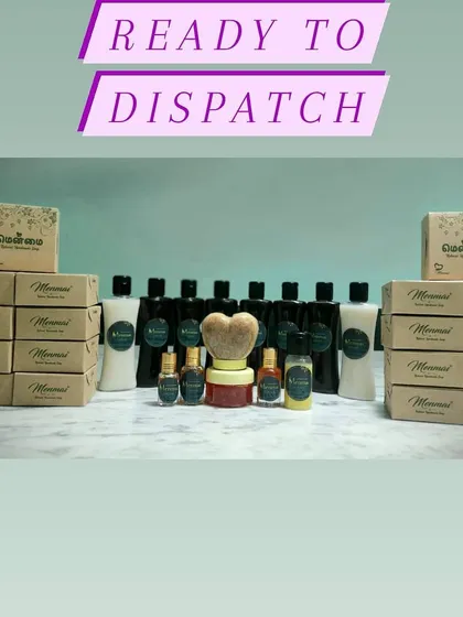 This is a large order ready for dispatch, featuring a wide range of my products like Hair Regrowth Oil, Kumkumadhi Serum, and various handmade soaps. I can handle bulk orders and ship them safely across India for your business.