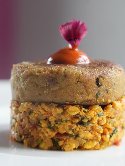 My vegetarian Shami Kebab, served on a bed of spiced cottage cheese scramble. This dish reinterprets a classic meat kebab using plant-based ingredients for a surprisingly rich flavour.