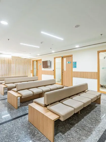 This waiting area at Sarvesh Health City features clean lines and durable materials, designed for high traffic and easy maintenance. The simple, functional design provides a calm and orderly space for patients awaiting appointments.