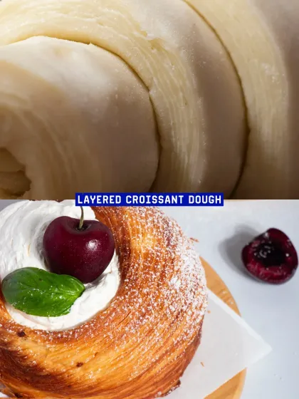 A detailed look at the layered croissant dough that forms the base of our intricate Cherry Trifle pastry.