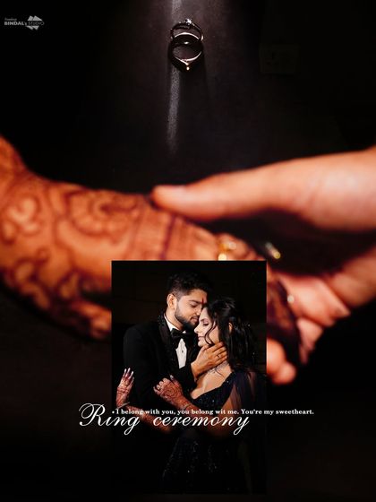 An artistic collage for a ring ceremony. The focus on the rings, combined with a romantic portrait, tells the story of their commitment.