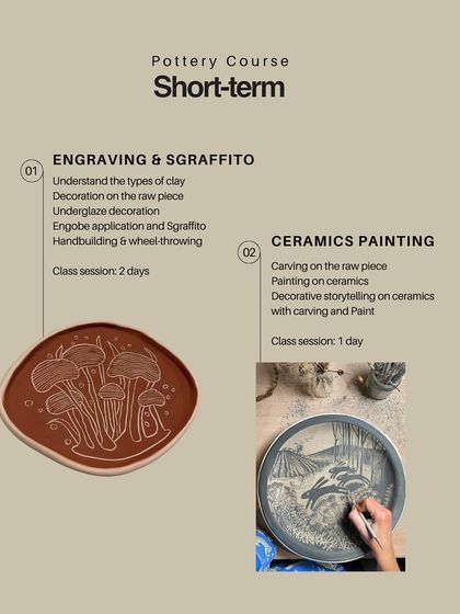 Our short-term pottery course flyer, focusing on Engraving & Sgraffito and Ceramic Painting.