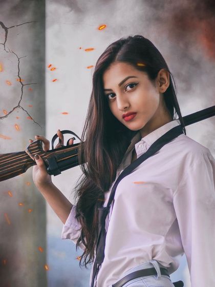 A close-up portrait from the PUBG concept shoot, focusing on the model's intense expression. The mix of a classic 'Sholay' dialogue reference with a modern gaming theme is what makes these shoots so much fun.