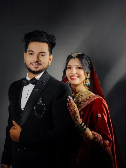 A classic studio portrait for their reception. I gave the bride a radiant makeup look and the groom a sharp, clean finish.