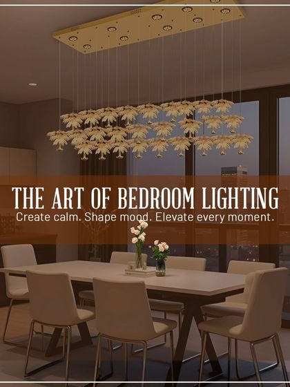 This beautiful chandelier with golden flower-like elements is perfect for creating a calm and moody atmosphere in a bedroom or over a dining table. The art of lighting is about shaping the mood, and this piece does it perfectly.