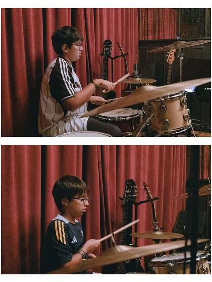Brotherly beats! Kairabh and Nadyan, two of our drum students, sharing the stage at the Students' Gig. We encourage family members to learn and perform together.