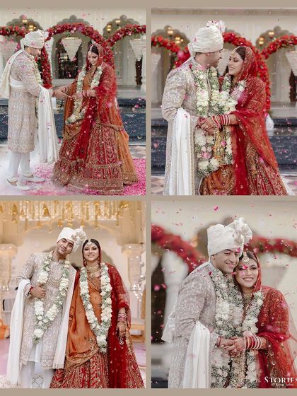 A collage of happy moments from the wedding ceremony, including the Varmala exchange and candid portraits.