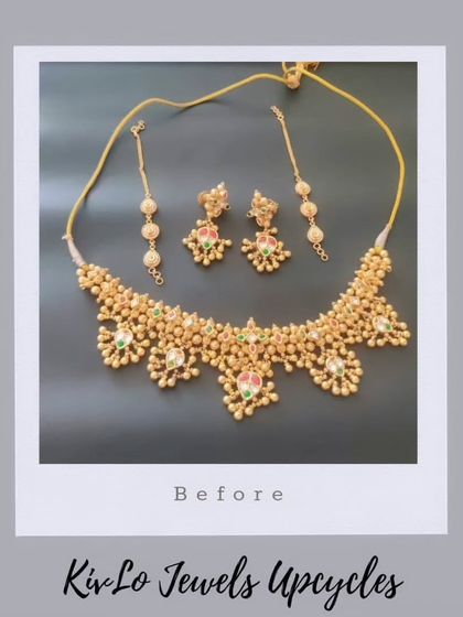 The "Before" shot of a traditional gold necklace set. These are the original pieces that we deconstructed to create a completely new and grander bridal set.