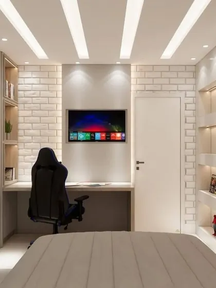 A superhero-themed bedroom with a cool, industrial vibe. The design features a white brick wall, a built-in study desk, and open shelving for collectibles.