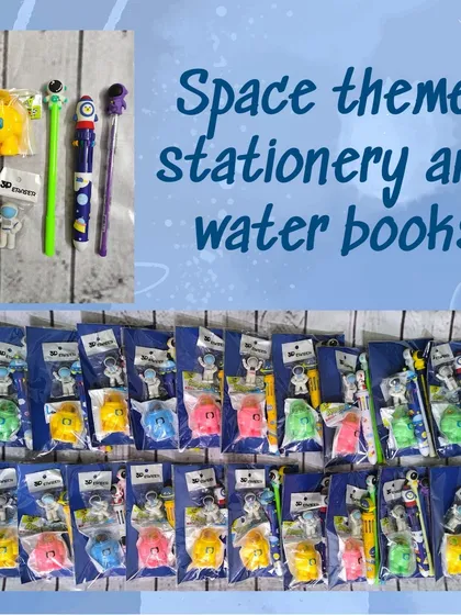 This space-themed stationery set includes character pens and 3D erasers, paired with a magic water book for extra fun.