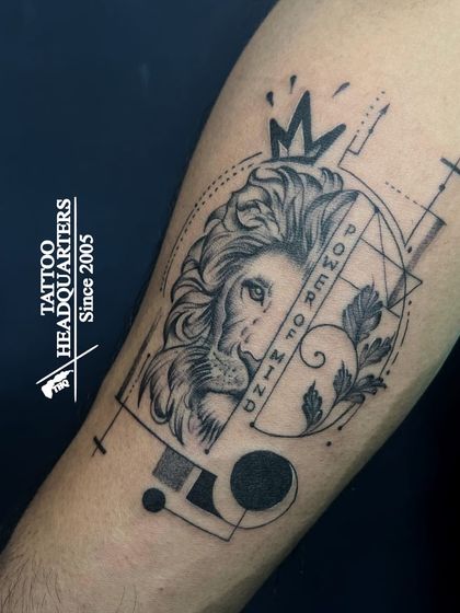 A creative composition featuring half a lion's face with a crown, geometric elements, and the words "Power of Mind."
