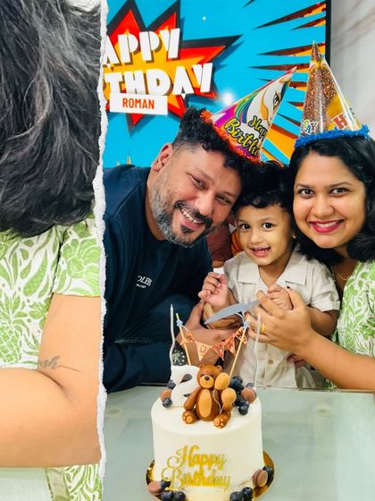 A happy client photo showing little Roman and his family celebrating his 2nd birthday with the teddy bear cake I made for him. Seeing these smiles is the best part of my job.