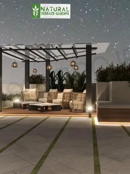 A view of the proposed Gurgaon terrace, with the pergola lounge and built-in bench seating creating multiple relaxation spots.