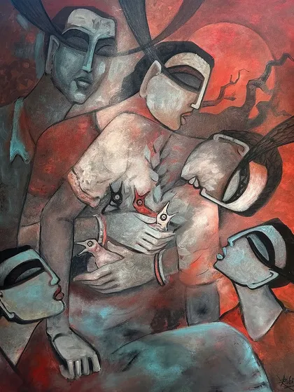 An emotional acrylic on canvas painting, this untitled 24x30 inch piece shows a central figure protecting small birds within its chest, surrounded by others.