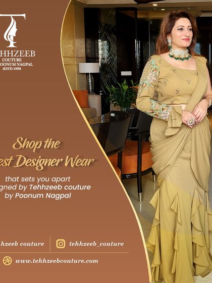 I'm wearing a designer mustard draped saree with delicate handwork on the single full sleeve. The ruffled hem adds a modern touch, making it a perfect outfit for a festive celebration or a wedding event.