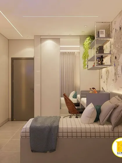 This perspective shows the full length of the room, from the storage units at the entrance to the bed and study area.