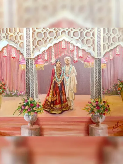 Capturing a wedding at the Taj Palace in Delhi. The intricate architecture and traditional decor of the venue added a layer of grandeur to this live painting.