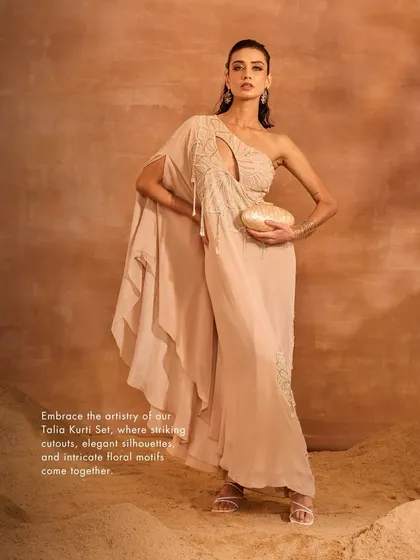 A full-length view of the Talia Kurti Set, showcasing the striking cutout and elegant silhouette, meticulously handcrafted for the modern woman.