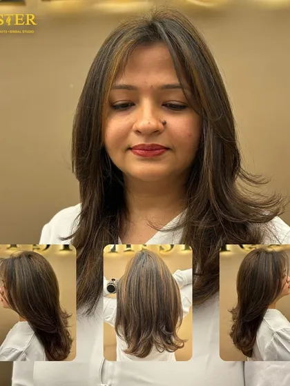 This collage highlights a client's new hair color, showing different angles of the straight, layered style with subtle highlights.