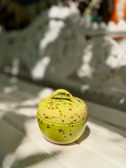 From my Kaleidoscope Collection, this lidded jar features a vibrant speckled glaze. I love working with pop colors to create functional ceramics that bring a splash of joy and energy into your home. Each piece is handbuilt and designed for everyday use.