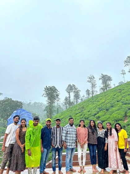 Our group posing in front of a tea estate on the way to Kudremukha.