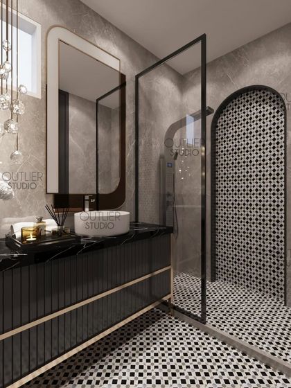 Another view of the elegant powder room, showcasing the arched doorway to the shower area and a statement pendant light that adds a touch of glamour to the monochrome design.
