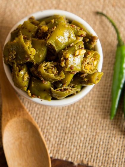 A bowl of my Green Chilli pickle, ready to be served. It’s a simple way to add a lot of flavour and spice to your daily meals.