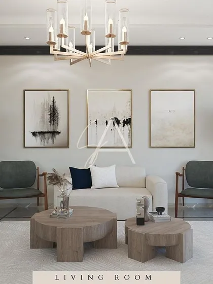 This living room concept shows my approach to modern minimalism. The space is built on a foundation of neutral tones and clean lines, with warmth and personality added through natural wood furniture, potted plants, and abstract art.