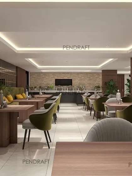 This render shows the overall layout and flow of the hotel restaurant. The design includes a dedicated buffet area and varied seating zones, all unified by a consistent color palette and sophisticated lighting plan.