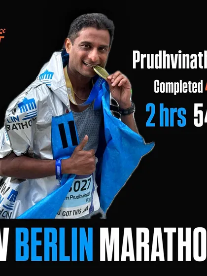 A phenomenal time! Our athlete Prudhvinath Reddy smashed the Berlin Full Marathon with a sub-3-hour finish of 2 hours 54 minutes.