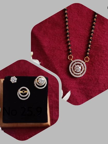 This mangalsutra set includes a necklace with a circular diamond pendant and matching stud earrings. It's a complete and elegant set for daily wear, crafted from 92.5 silver with gold plating.