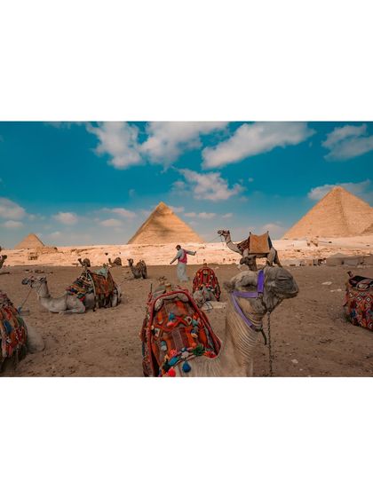 A wide landscape shot of the Giza pyramids with camels in the foreground. This was one of my favorite moments from 2024, capturing the immense scale of this world wonder.
