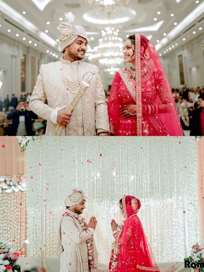 A collage showing the couple's loving glances during their wedding ceremony and their respectful greeting to each other.