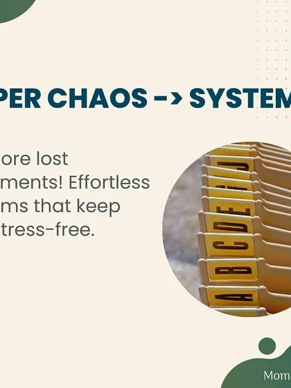 Are you drowning in piles of paper? I help clients move from paper chaos to a simple, stress-free system. We will create a home office filing system that makes it easy to find any document in seconds, so you can stop worrying about lost bills or important papers and focus on your work.