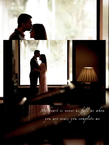 A silhouette of a couple embracing in front of a window, creating a moody and romantic indoor portrait. We are skilled in using light and shadow to craft artistic images.