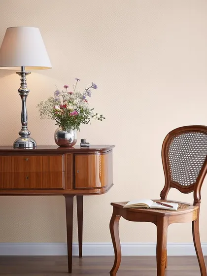 A simple, plain textured wallcovering in a soft peach tone. This minimalist choice from the Trianon collection adds warmth and is versatile enough to complement any decor style.