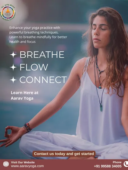 This graphic invites you to enhance your practice with powerful breathing techniques. It highlights our core mantra for mindfulness: Breathe, Flow, Connect.