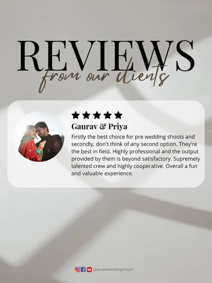 "Firstly the best choice for pre wedding shoots and secondly, don't think of any second option." A glowing review from Gaurav and Priya, who call our team the best in the field and supremely talented.